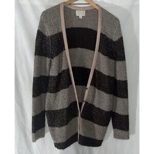 Nordstrom Hinge Striped Open Front Cardigan with Faux Leather Trim Medium
